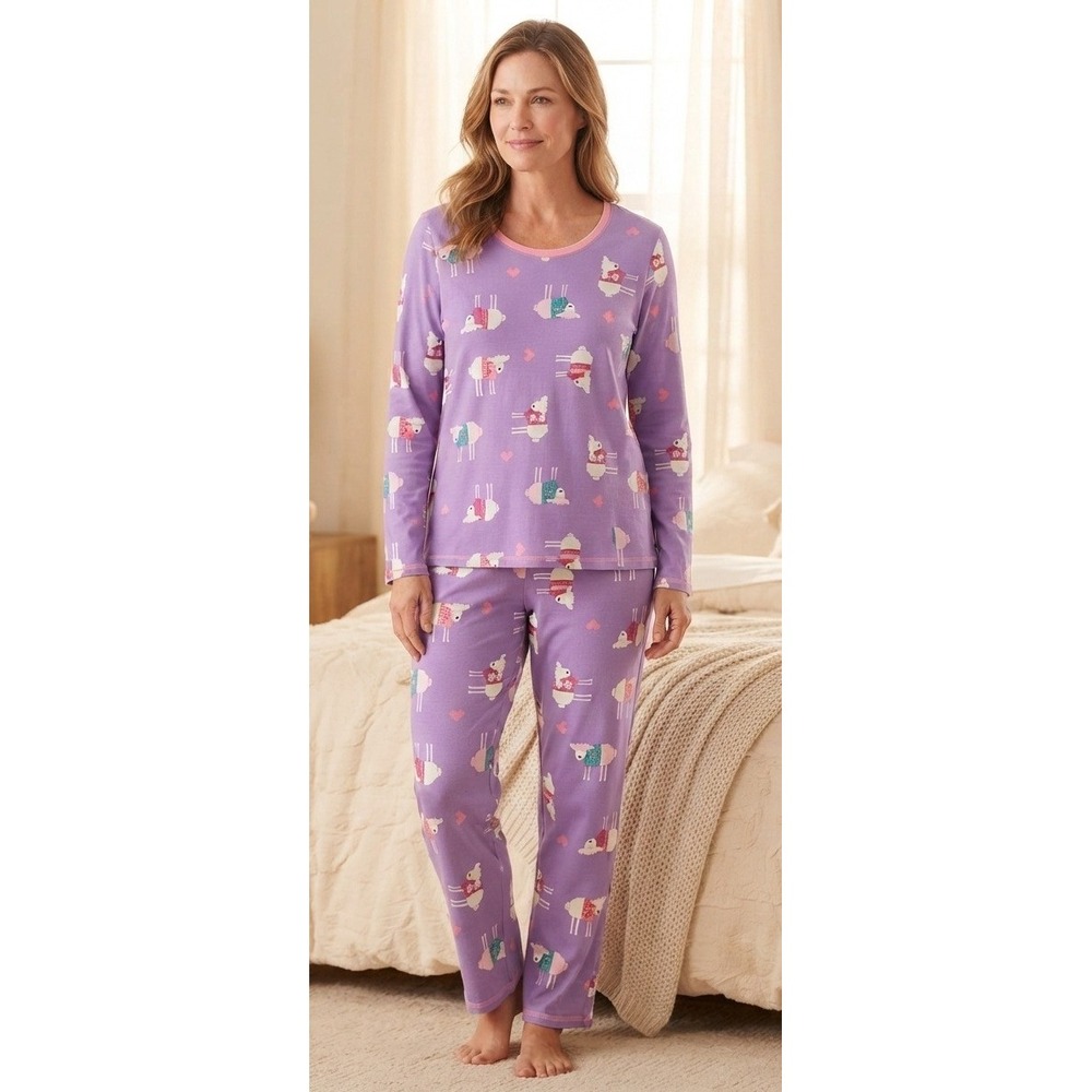 White Stag Pajama Set Women's S 4-6 Sheep Print Purple Cotton Sleepwear Comfy